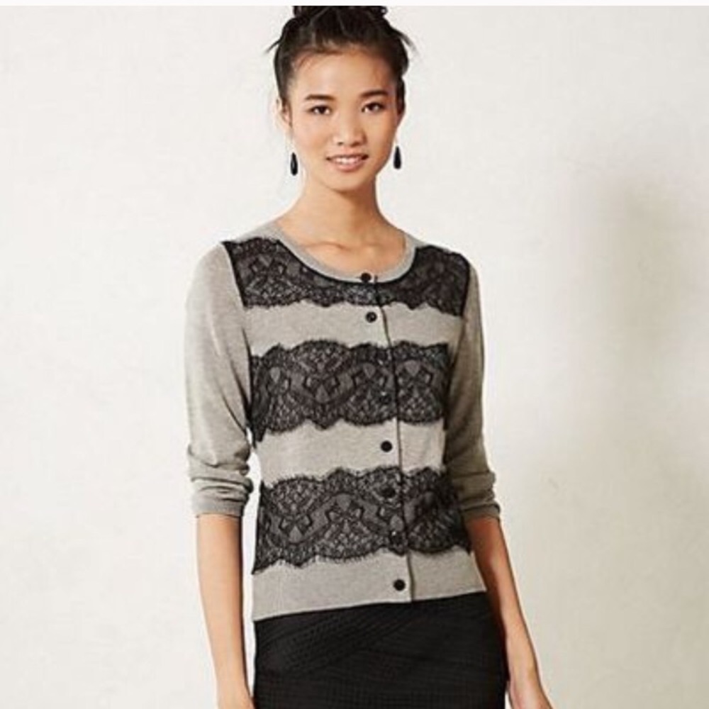 Anthro knitted & knotted Gray & Black lace sweater
